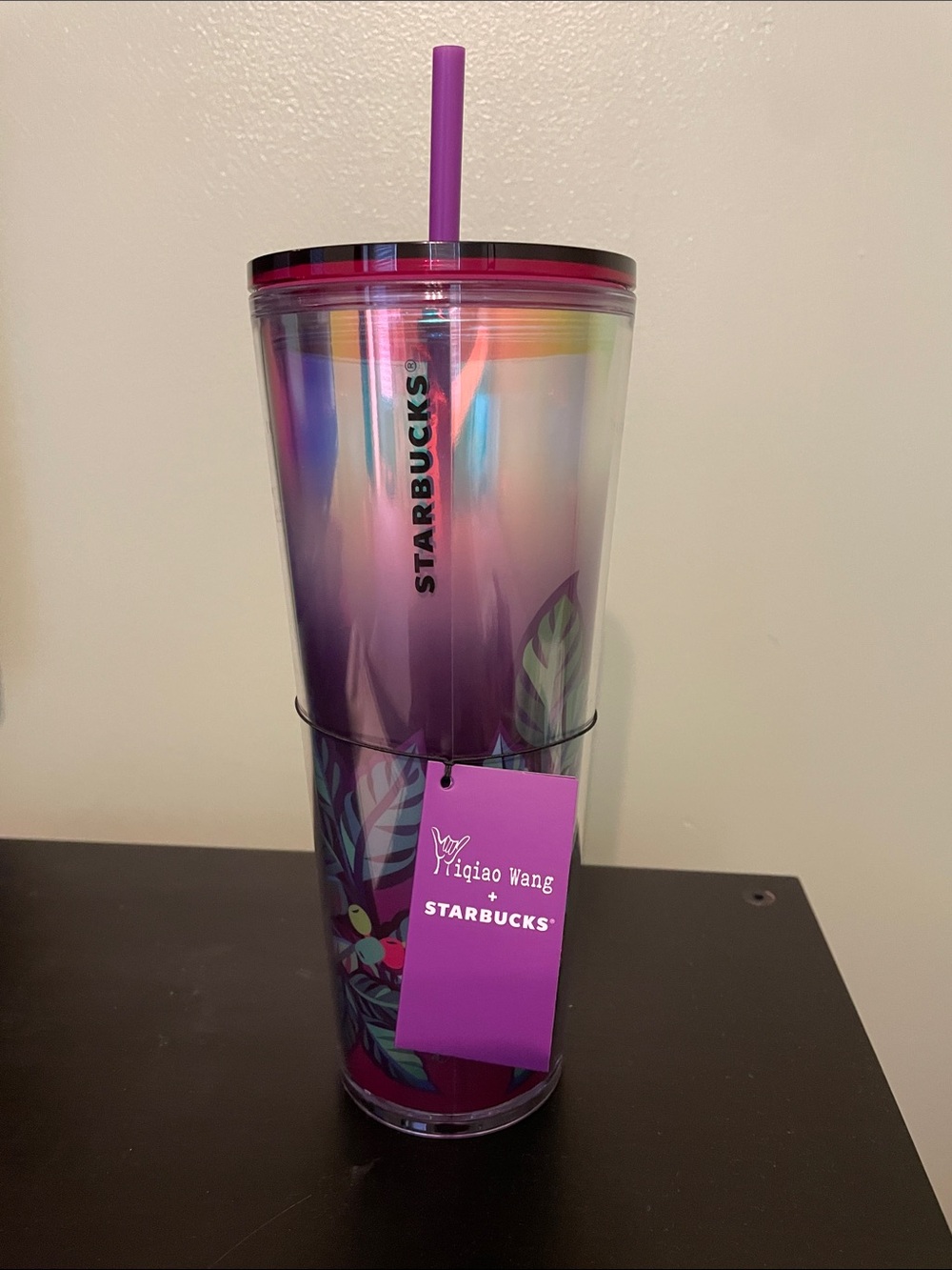 Starbucks Iridescent Purple Gradient Tumbler with Leaf Print